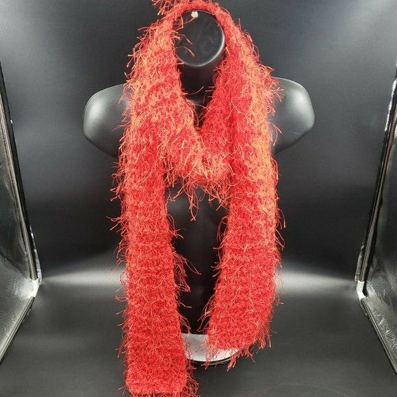 Lipstick Red Hand Made Scarf Chenille Loose Knit Stretch Soft Fluffy Eyelash - Picture 1 of 7